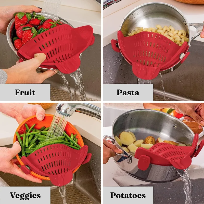 Clip-on silicone strainer for easy draining without colander